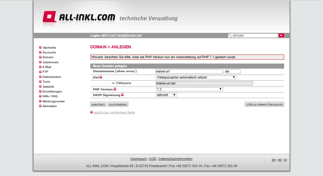 All-Inkl KAS - Externe Domain anlegen