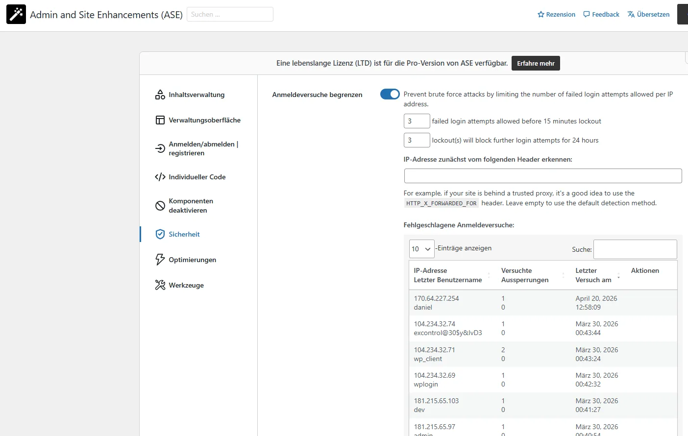 Admin and Site Enhancements - Login-Limit mit fehlgeschlagenen Anmeldeversuchen