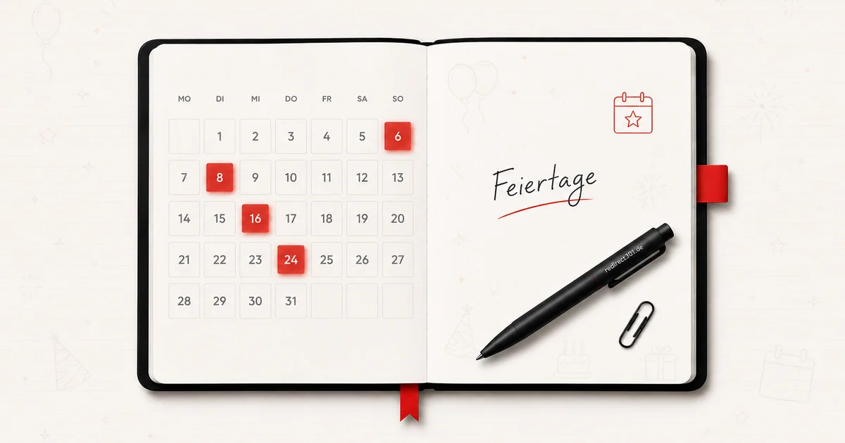 Aufgeschlagener Kalender mit hervorgehobenen Feiertagen