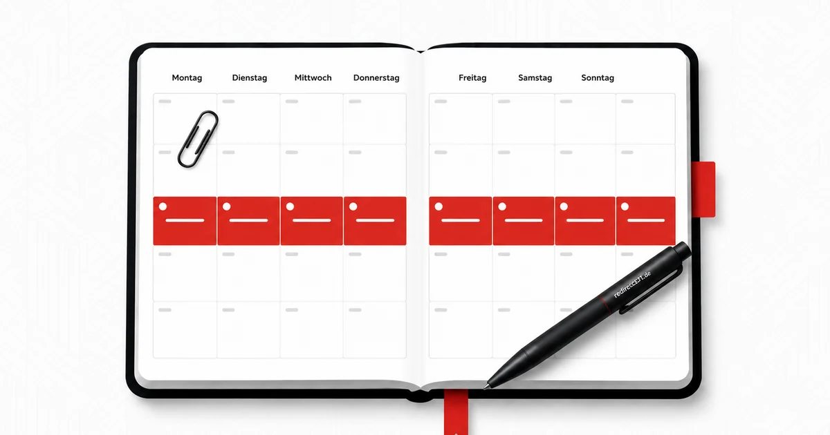 Offener Notizkalender mit Wochenstruktur, die aktuelle Woche rot hervorgehoben