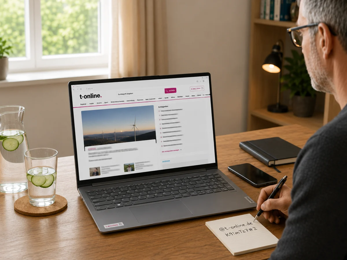 Anwender am Laptop mit t-online.de im Browser, schreibt sich Login-Daten in ein Notizbuch