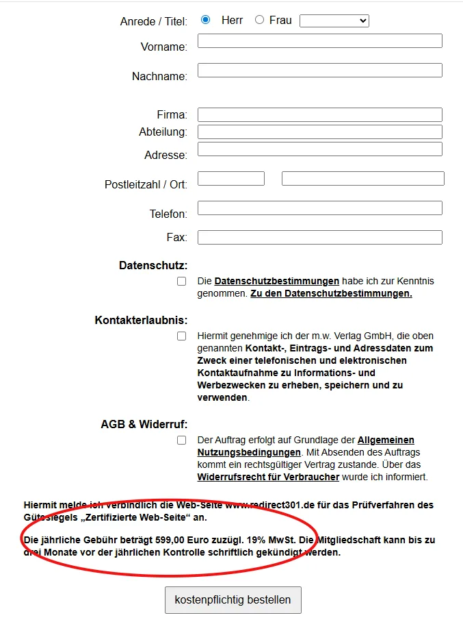 Zertifizierte Web-Seite - Anmeldeformular mit Fax-Feld und 599 Euro jährlich