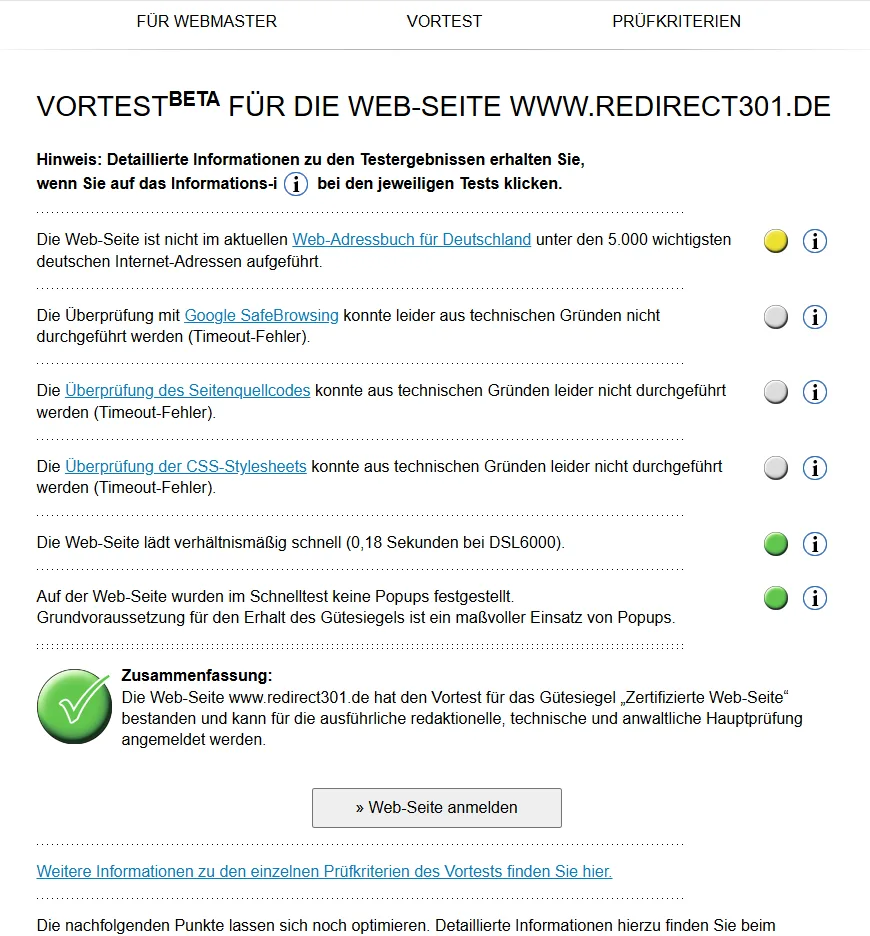 Zertifizierte Web-Seite - Vortest für redirect301.de mit drei Timeout-Fehlern