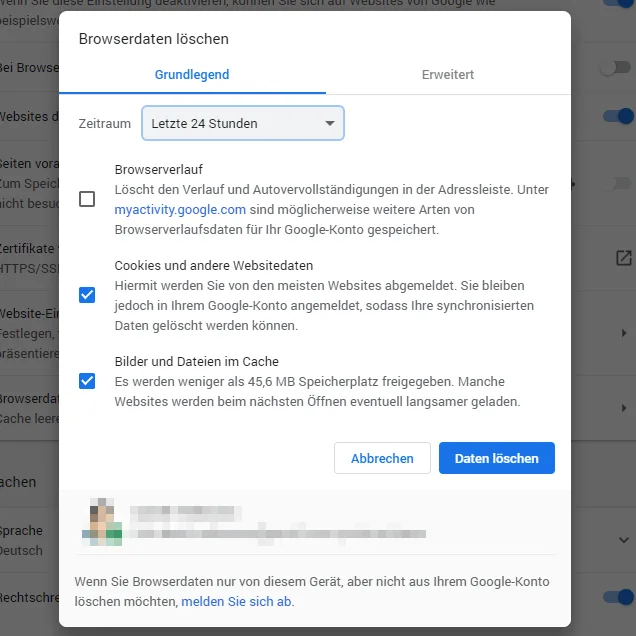 Chrome Einstellungen - Browserdaten löschen