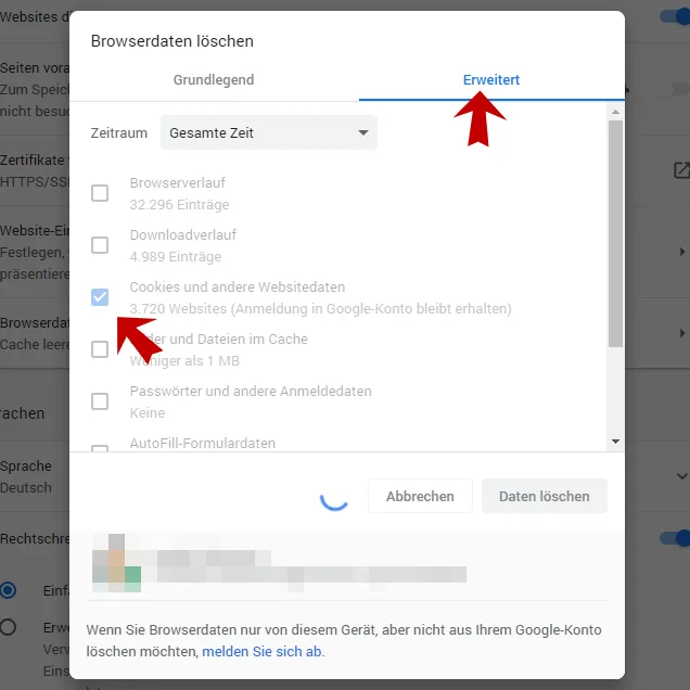 Chrome Cookies und Websitedaten löschen - Gesamte Zeit