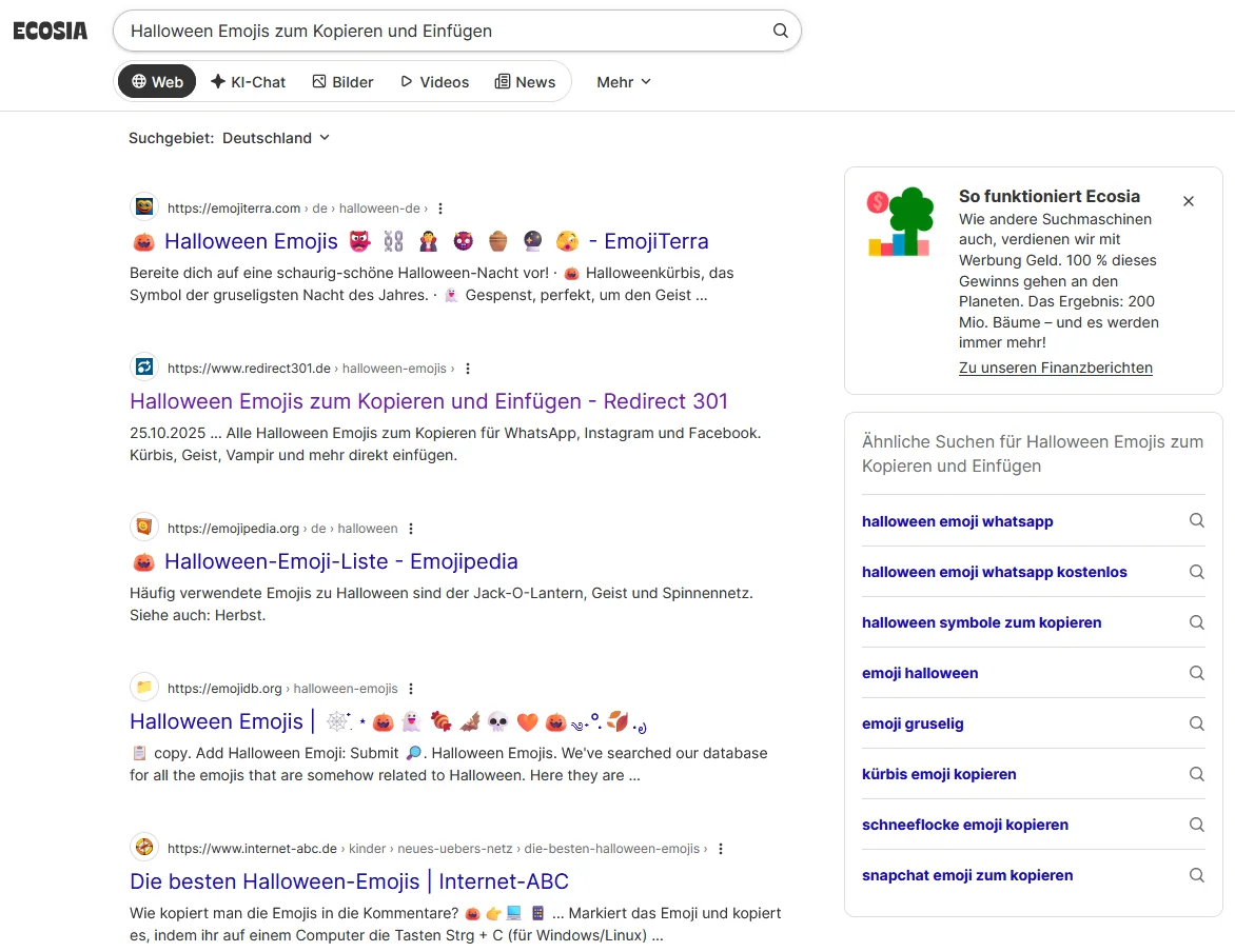 Ecosia-Ergebnisliste mit Info-Box "So funktioniert Ecosia" und dem Hinweis, dass ein Großteil der Werbeeinnahmen in Baumpflanzungen fließt