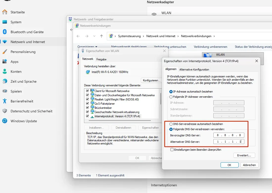 DNS-Einstellungen unter Windows 10/11