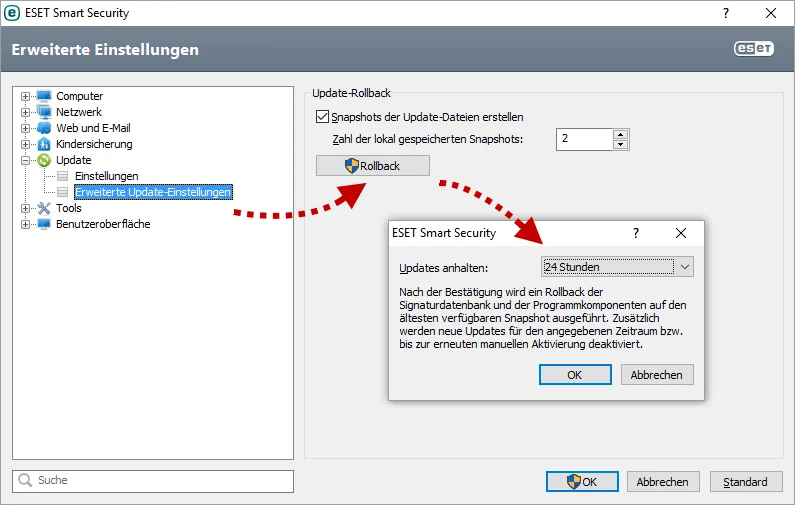 ESET Rollback-Dialog mit Auswahl 24 Stunden