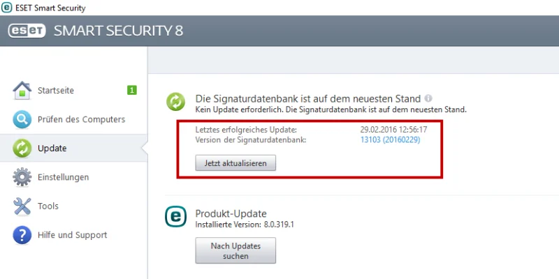 ESET Update-Dialog mit aktuellem Status
