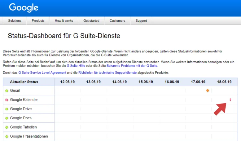 Google Workspace Status Dashboard mit Kalender-Störung