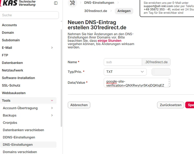 DNS-TXT-Record für Google Search Console bei All-Inkl eintragen