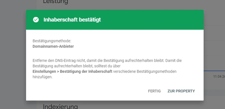 Google Search Console: Inhaberschaft bestätigt