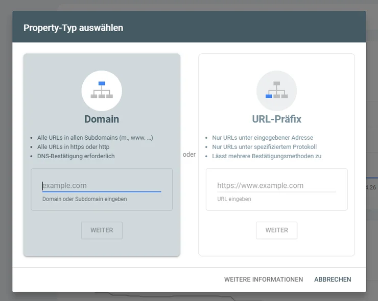 Google Search Console: Property-Typ auswählen - Domain oder URL-Präfix