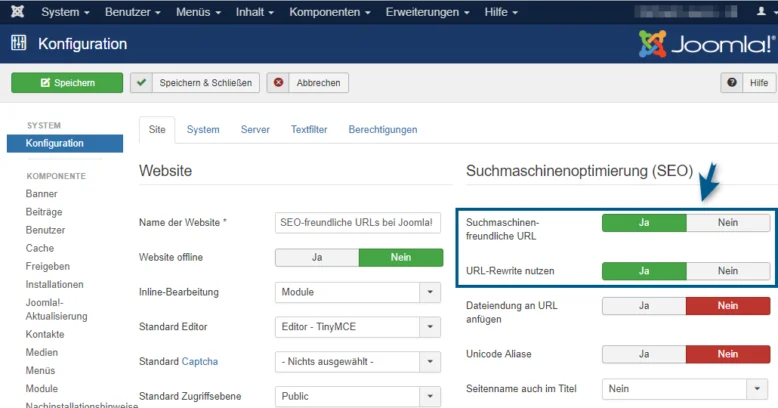 Joomla Konfiguration mit aktivierten SEF-Optionen
