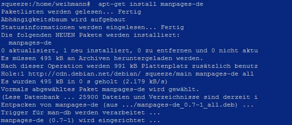 Terminal-Screenshot der Installation des Pakets manpages-de unter Debian Squeeze - apt-get install zeigt das Herunterladen und Entpacken von manpages-de Version 0.7-1