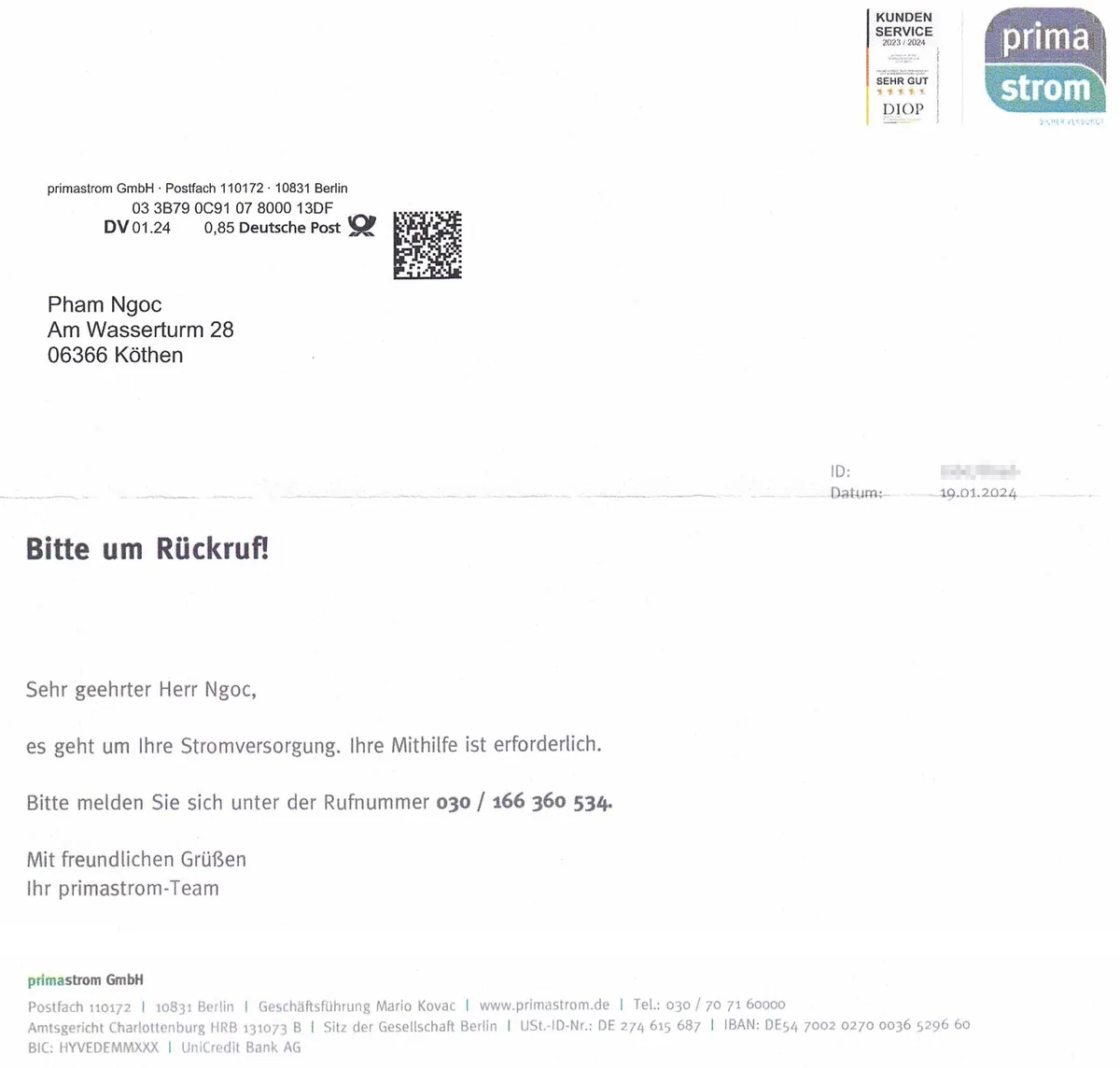 Scan vom primastrom-Brief mit Aufforderung zum Rückruf unter 030 166360534