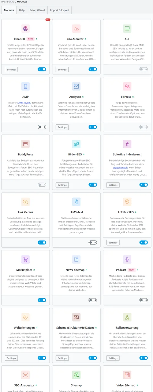 Rank Math Modul-Übersicht im WordPress-Backend: über 20 Module wie 404-Monitor, ACF, AMP, Analysen, Bilder-SEO, Sofortige Indexierung, Link Genius, Lokales SEO, News Sitemap, Podcast, Weiterleitungen, Schema, SEO-Analysator, Video Sitemap und viele mehr - jedes als Toggle aktivierbar