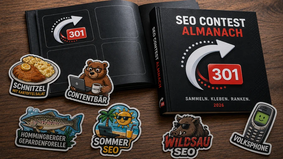 SEO Contest Almanach mit redirect301-Logo, daneben Aufkleber mit Schnitzelmitkartoffelsalat, Contentbär, Hommingberger Gepardenforelle, SommerSEO, WildsauSEO und Volksphone