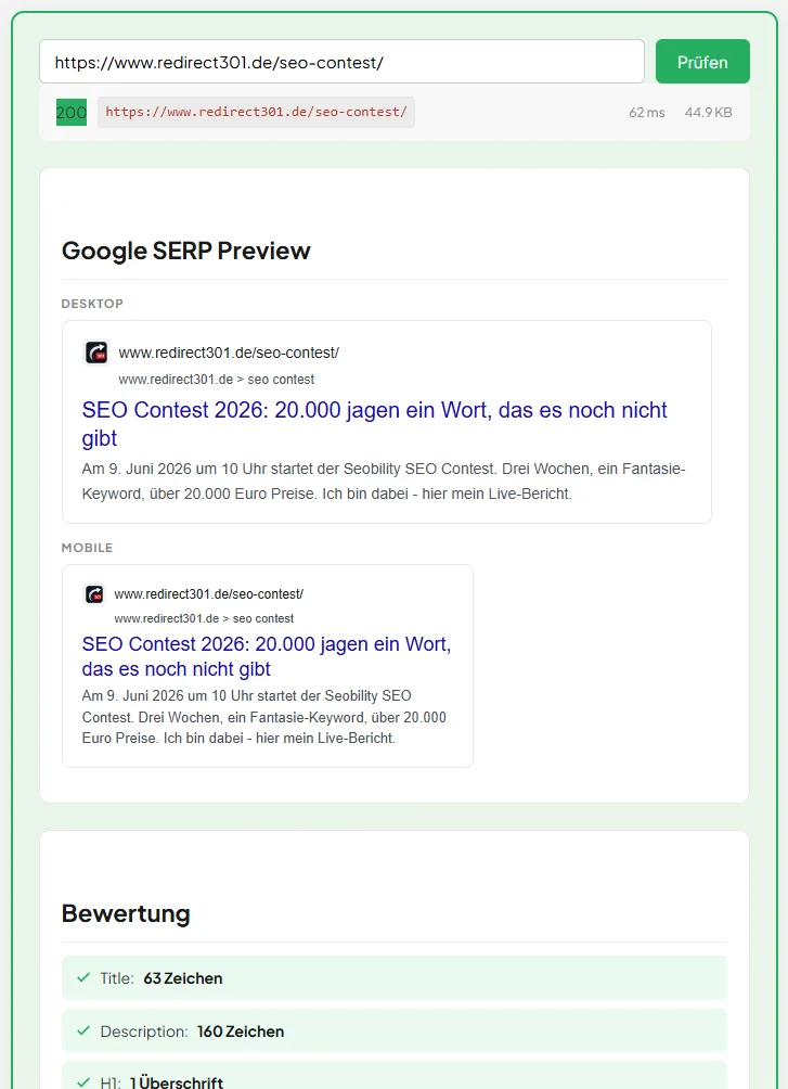 Screenshot des Meta-Tag-Checkers mit Analyse der SEO-Contest-Seite: Status 200, Google SERP Preview, Title und Description Bewertung