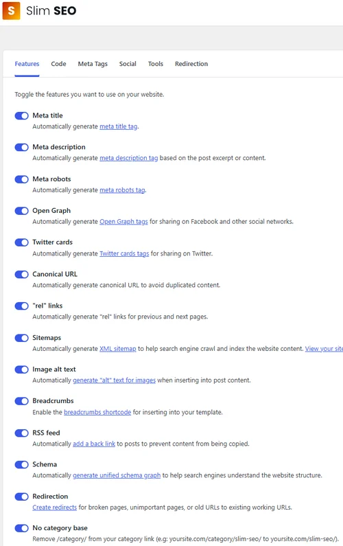 Slim SEO Features-Tab im WordPress-Backend: Toggle-Switches für Meta Title, Meta Description, Open Graph, Twitter Cards, Canonical URL, Sitemaps, Schema, Breadcrumbs, Image Alt Text, Redirection und weitere Funktionen