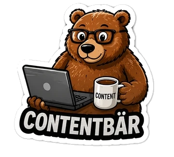 Sticker mit Bär am Laptop mit Kaffeetasse, Aufschrift Contentbär