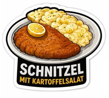 Sticker mit der Aufschrift Schnitzel mit Kartoffelsalat