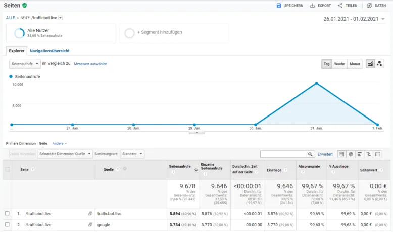 Trafficbot.live Seitenaufrufe in Google Analytics