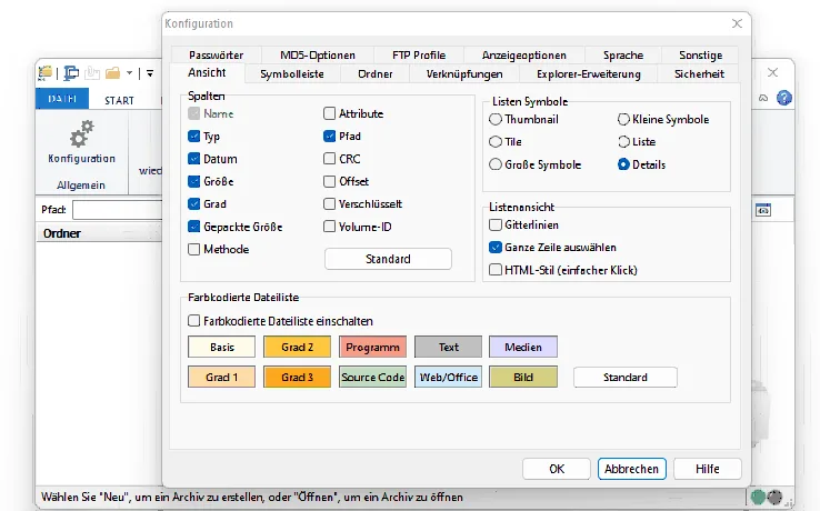UltimateZip Konfigurationsfenster mit Einstellmoeglichkeiten