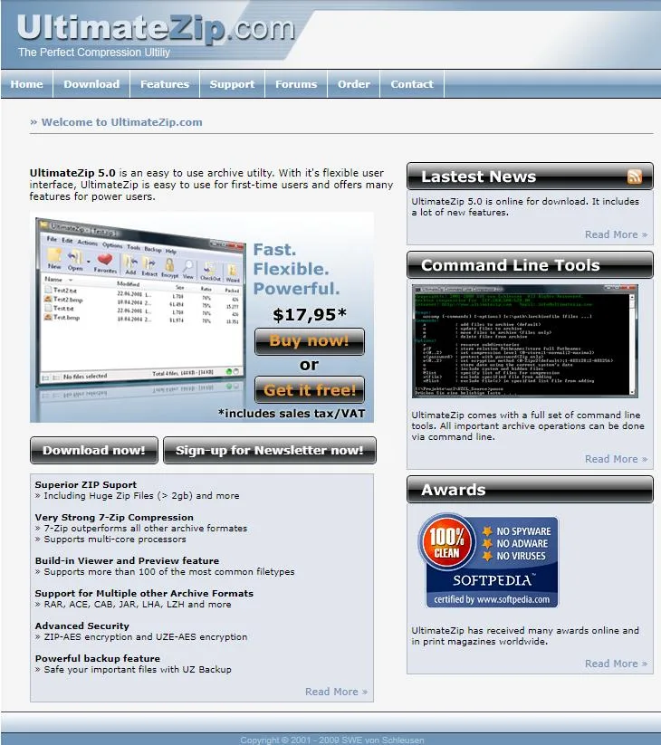 Screenshot der UltimateZip-Website von 2011