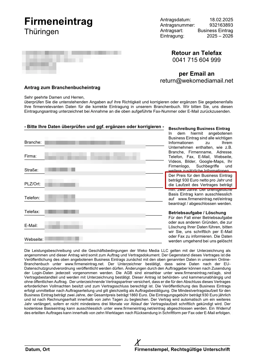 PDF-Anhang der Weko-Media-Mail mit angeblichem Branchenbuch-Antrag für 930 EUR pro Jahr