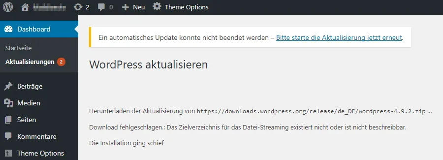 WordPress Fehlermeldung: Aktualisierung fehlgeschlagen