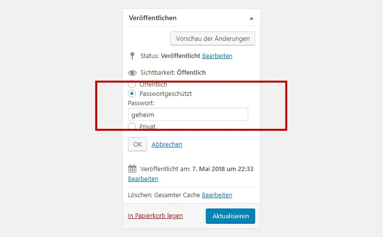 WordPress Veröffentlichen-Dialog mit Passwortschutz