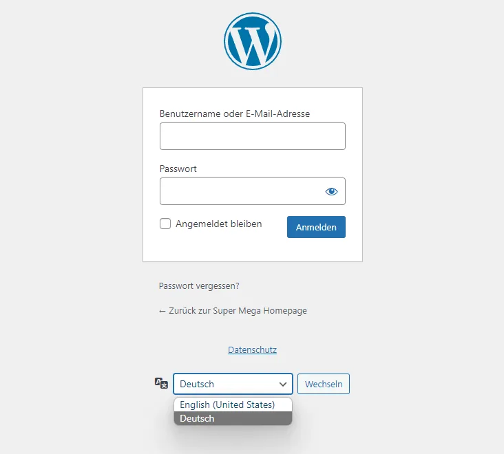 WordPress Login-Seite mit Sprachauswahl-Dropdown