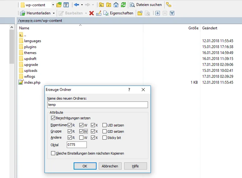 wp-content/temp Verzeichnis im FTP-Client
