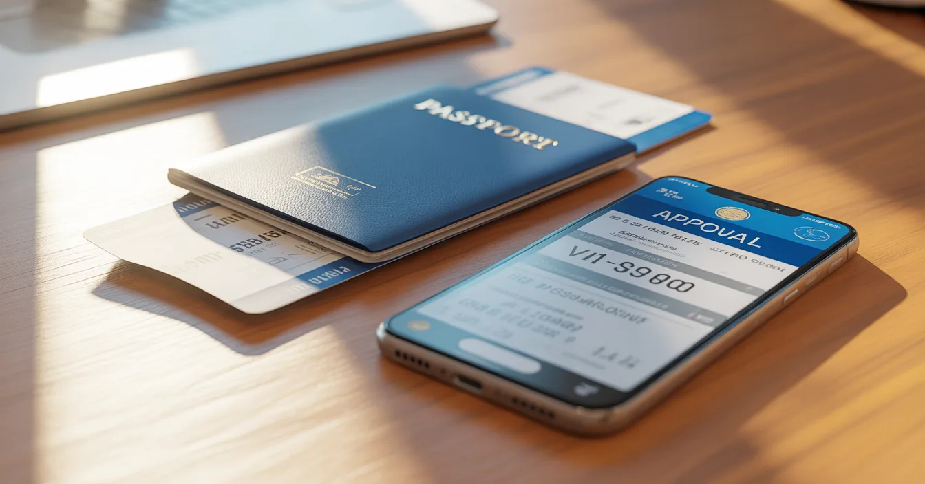 E-Visum auf dem Smartphone neben Reisepass und Bordkarte
