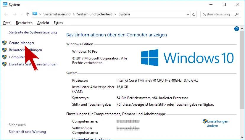 Basisinformationen über den Computer mit Link zum Gerätemanager