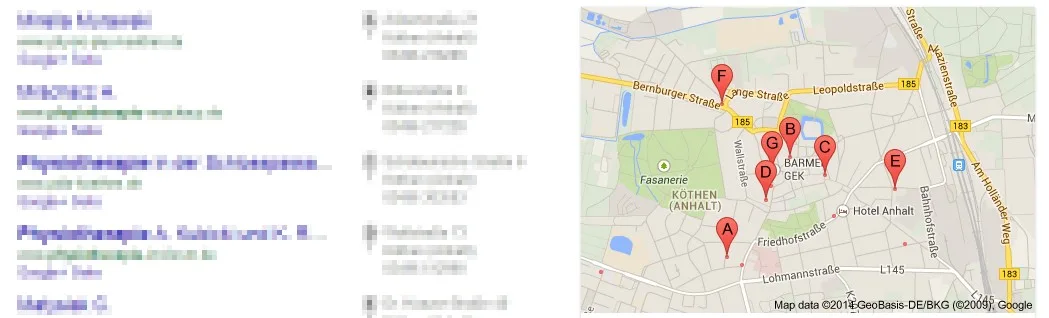 Lokale Suche bei Google - Beispiel für Keyword-Kombination mit Ort