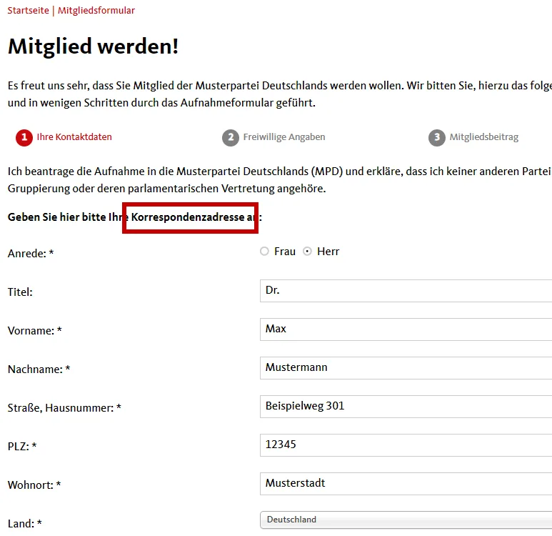 Korrespondenzadresse in einem Formular angeben