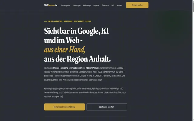Startseite von seodessau.de mit der Überschrift Sichtbar in Google, KI und im Web, aus der Region Anhalt