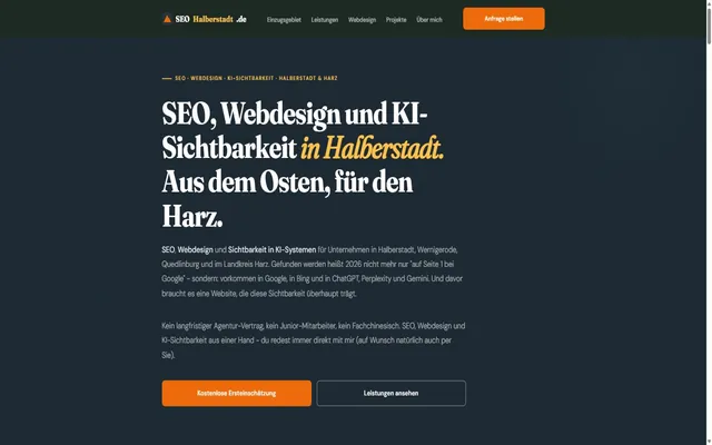 Startseite von seohalberstadt.de mit SEO, Webdesign und KI-Sichtbarkeit für Halberstadt und den Harz