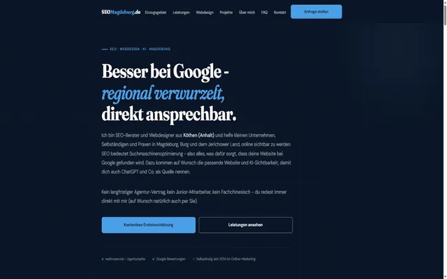 Startseite von seomagdeburg.de mit dem Angebot SEO, Webdesign und KI-Sichtbarkeit für Magdeburg