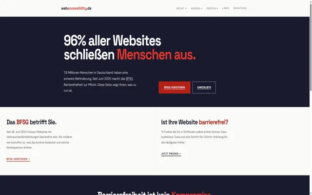 Startseite von webaccessibility.de mit dem Hinweis, dass das BFSG seit Juni 2025 Barrierefreiheit zur Pflicht macht