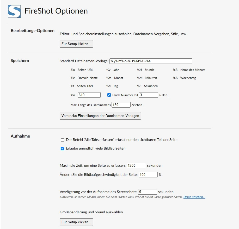 Fireshot Browser-Erweiterung mit Einstellungen