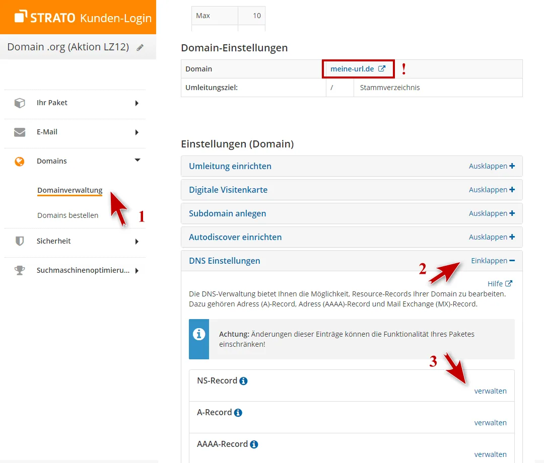 Strato - Domainverwaltung DNS-Einstellungen