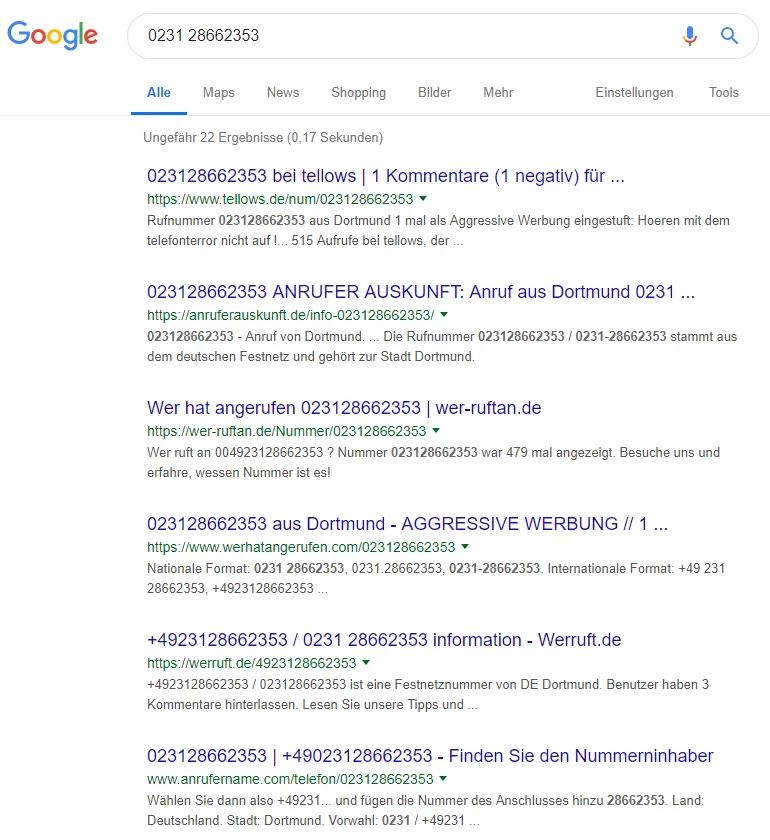 Google-SERPs zur Nummer 0231 28662353