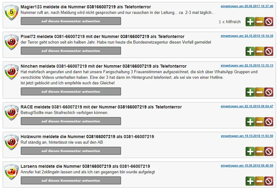 tellows-Bewertungen zur 0381 66007219