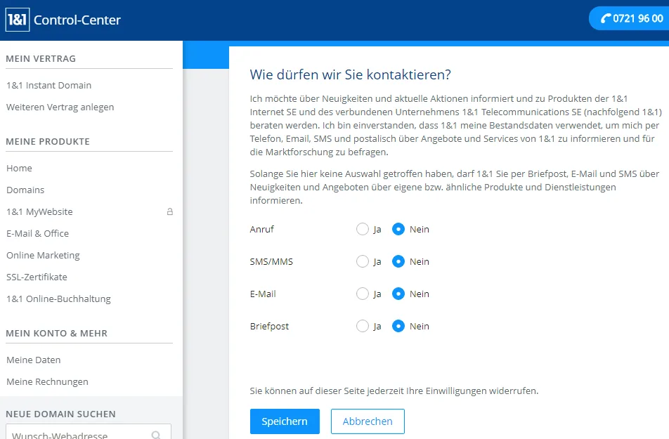 1&1 Control-Center: Datenschutz-Häkchen, die deaktiviert bleiben sollten