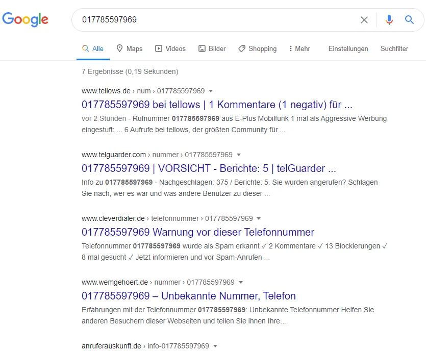 Google-Ergebnisse zur Nummer 0177 85597969