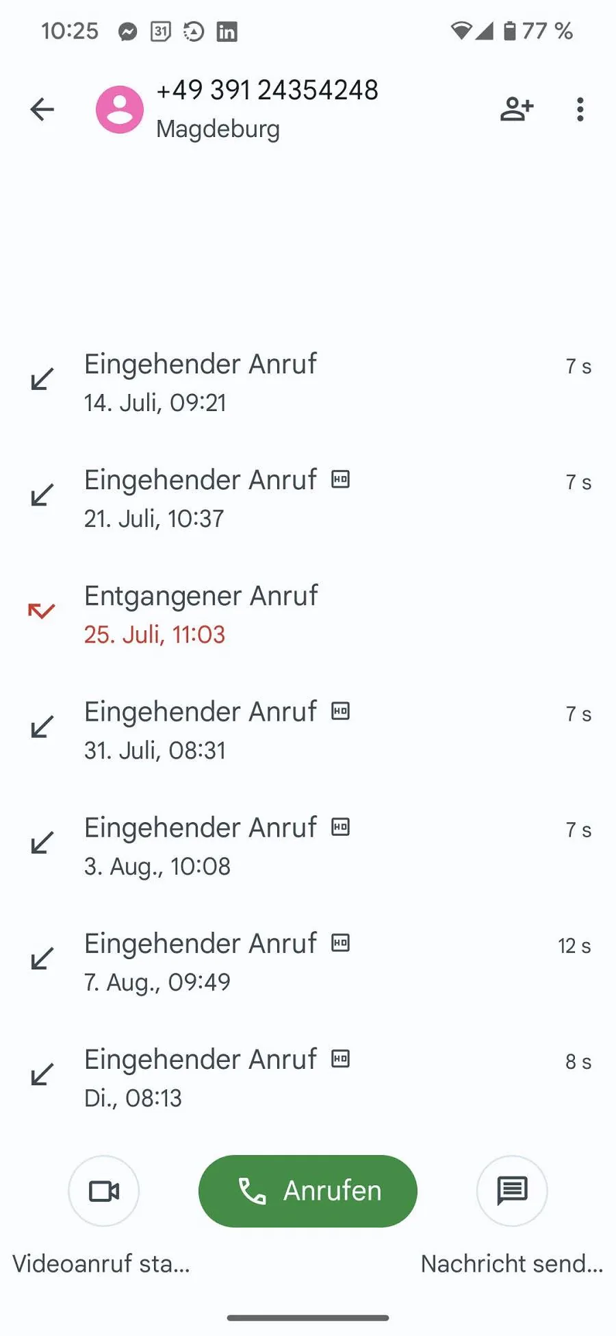 Anrufverlauf zur Nummer 0391 24354248