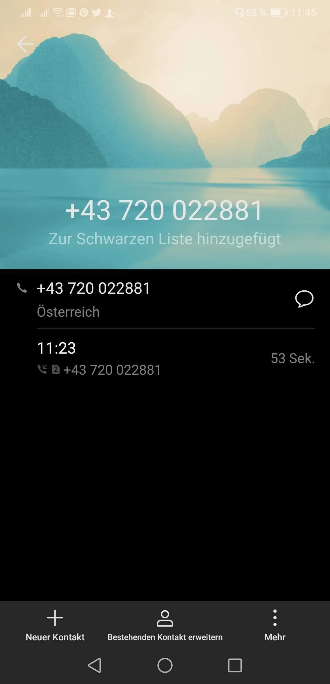 Anrufverlauf, in dem die Nummer +43 720 022881 blockiert wurde